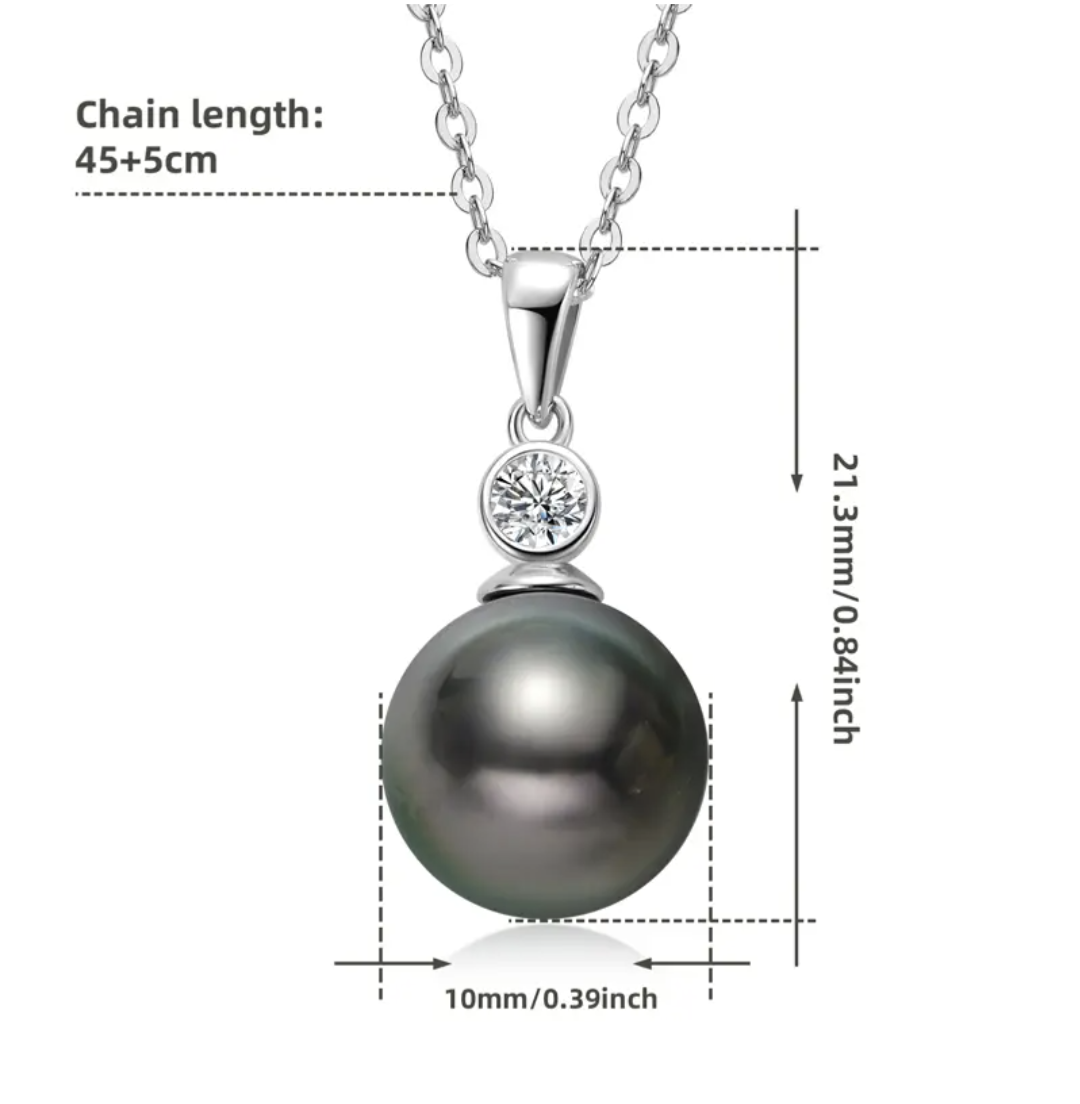 Sophisticated Fusion: 925 Sterling Silver Pendant Necklace with 3mm Moissanite and 9mm Natural Tahitian Black Pearl – A Trendsetting Elegance for Women